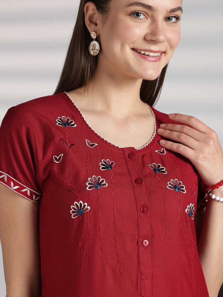 Designer Alpine Nighty with Embroidered Neck and Pocket