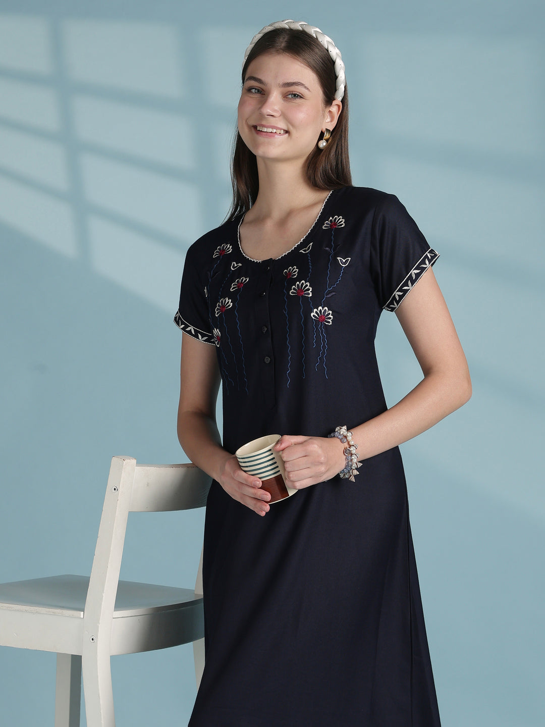 Relaxed Fit Alpine Nighty with Embroidered Sleeves
