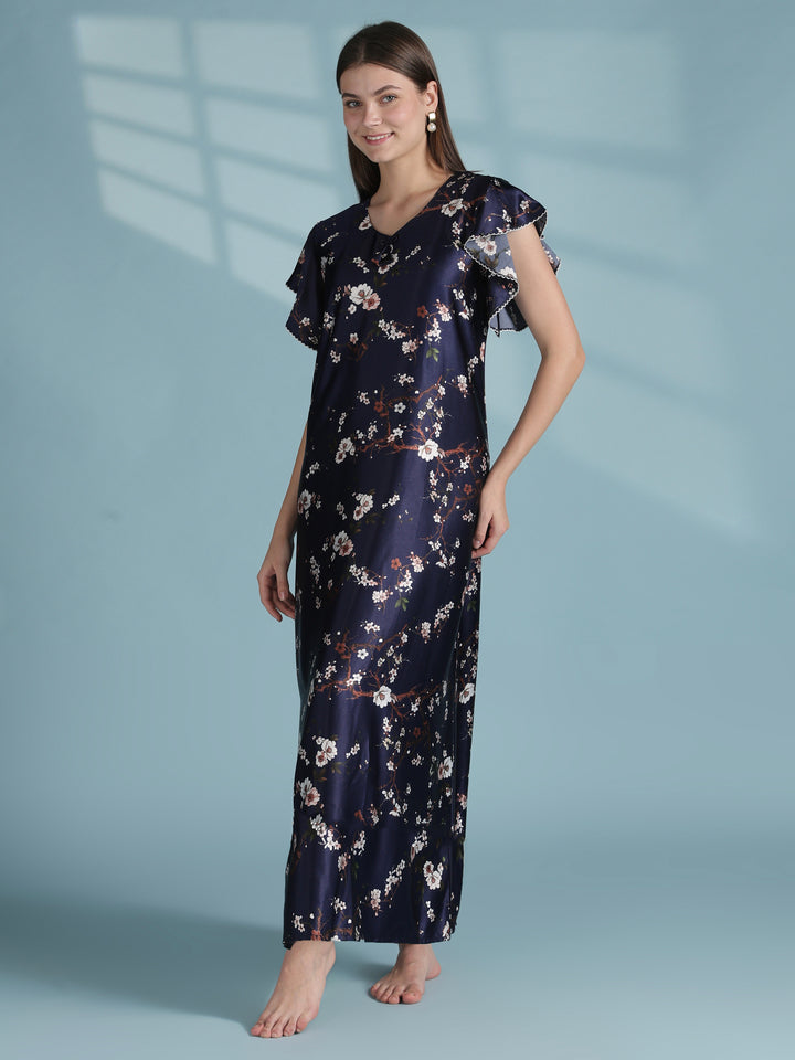 Floral Satin Nighty with Scalloped Ruffle Sleeves for Women