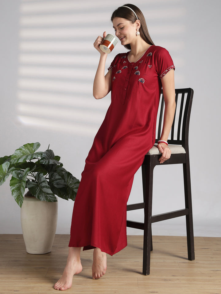 Designer Alpine Nighty with Embroidered Neck and Pocket