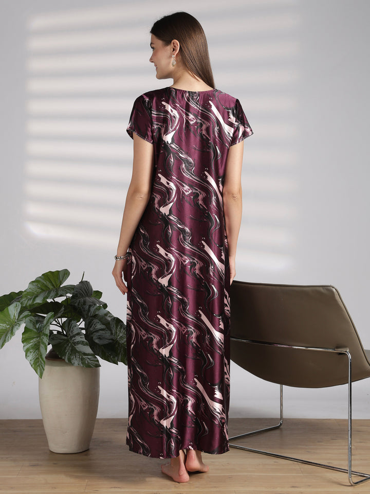 Elegant Swirl Print Satin Nighty for Women with Lace V Neck