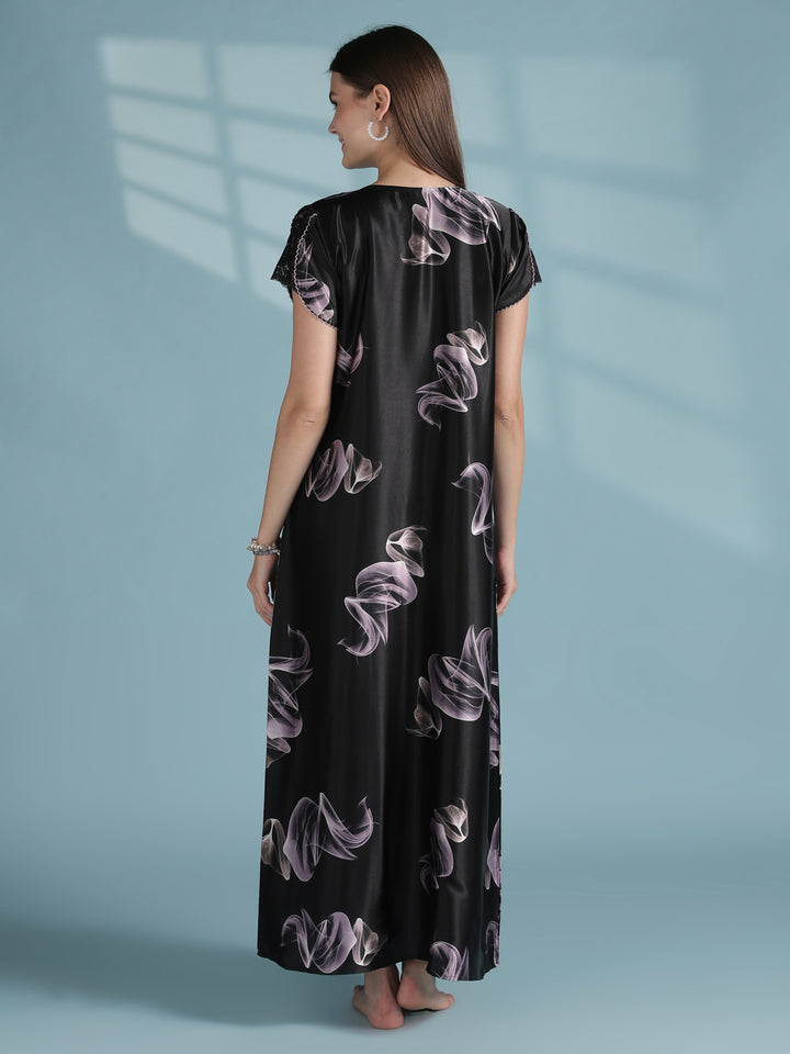 Premium Satin Nighty for Women with Smoky Print Design