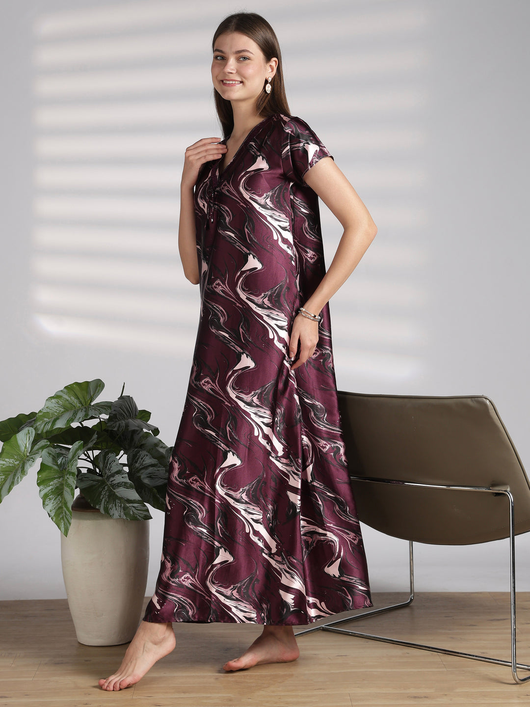 Elegant Swirl Print Satin Nighty for Women with Lace V Neck