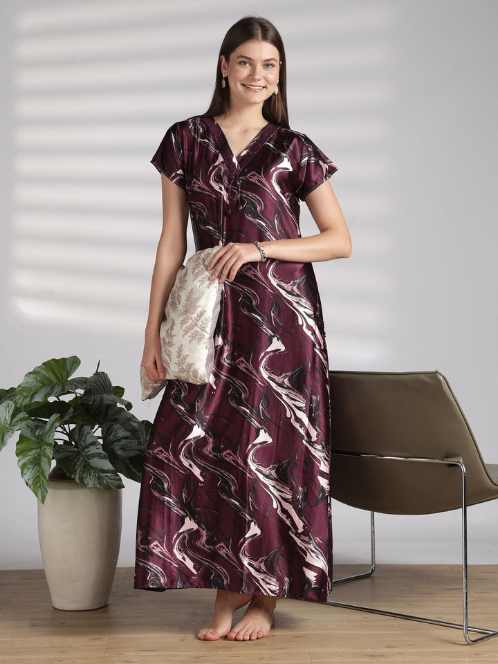 Elegant Swirl Print Satin Nighty for Women with Lace V Neck