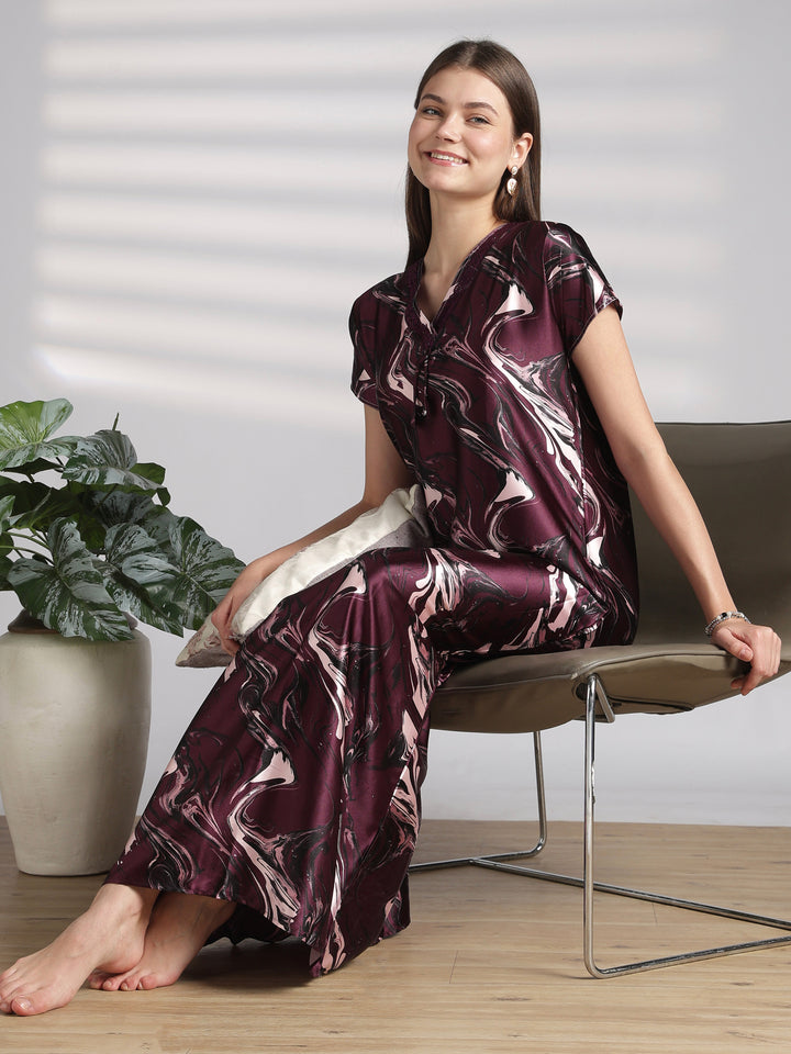 Elegant Swirl Print Satin Nighty for Women with Lace V Neck