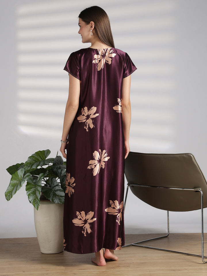 Functional Front Buttons Floral Satin Nighty with Graceful A Line Drape