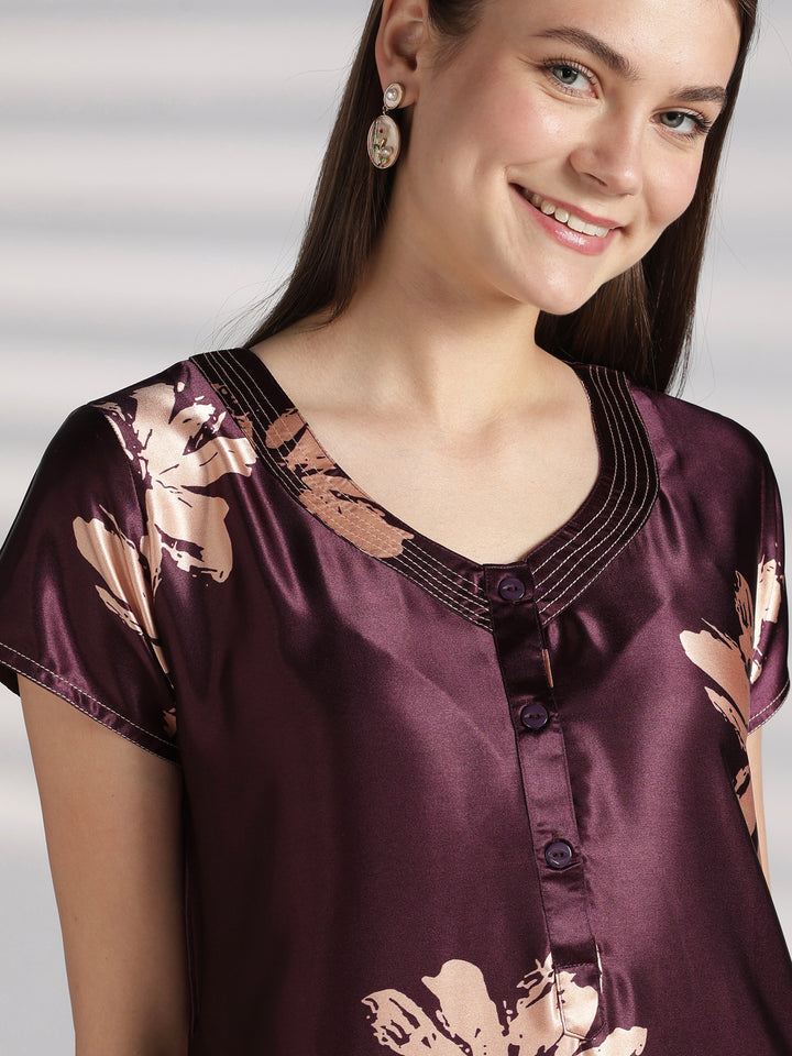 Functional Front Buttons Floral Satin Nighty with Graceful A Line Drape