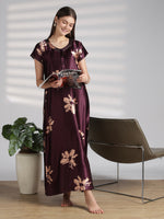 Functional Front Buttons Floral Satin Nighty with Graceful A Line Drape