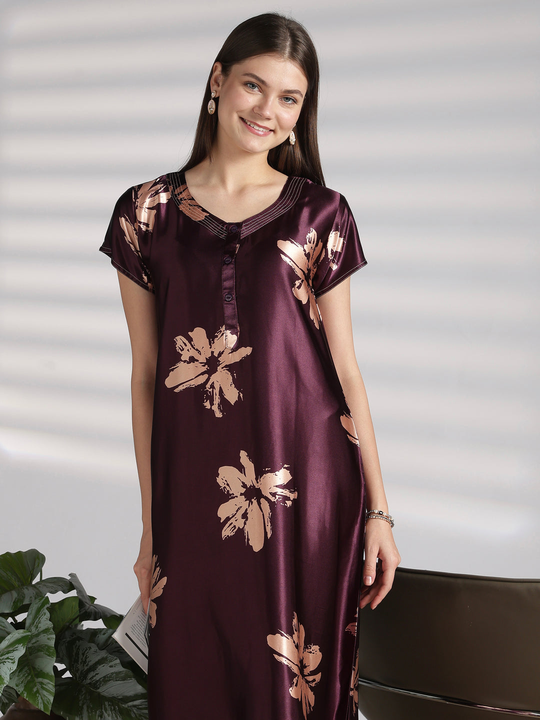 Functional Front Buttons Floral Satin Nighty with Graceful A Line Drape