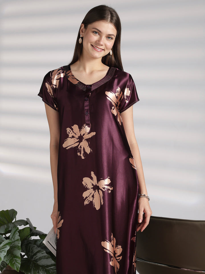 Functional Front Buttons Floral Satin Nighty with Graceful A Line Drape
