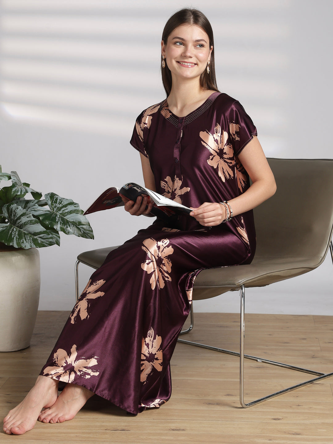 Functional Front Buttons Floral Satin Nighty with Graceful A Line Drape