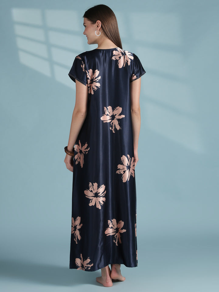 Luxury Satin Nighty for Women with Artistic Floral Print Design
