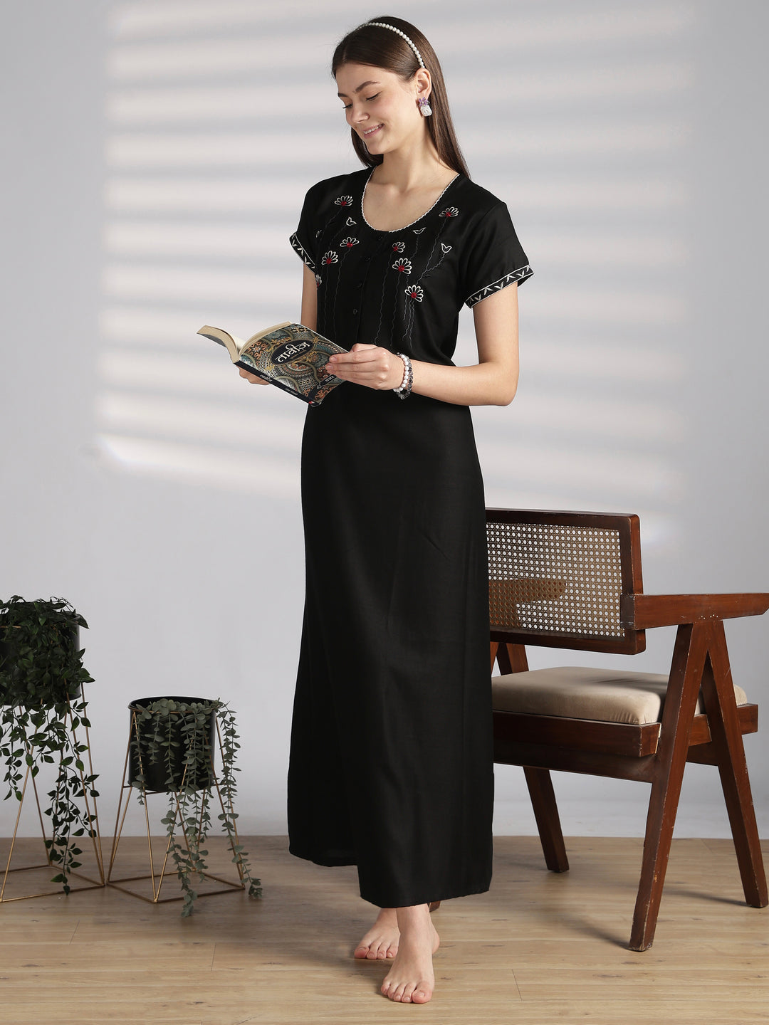 Elegant Alpine Nighty with Front Buttons and Embroidered Neck