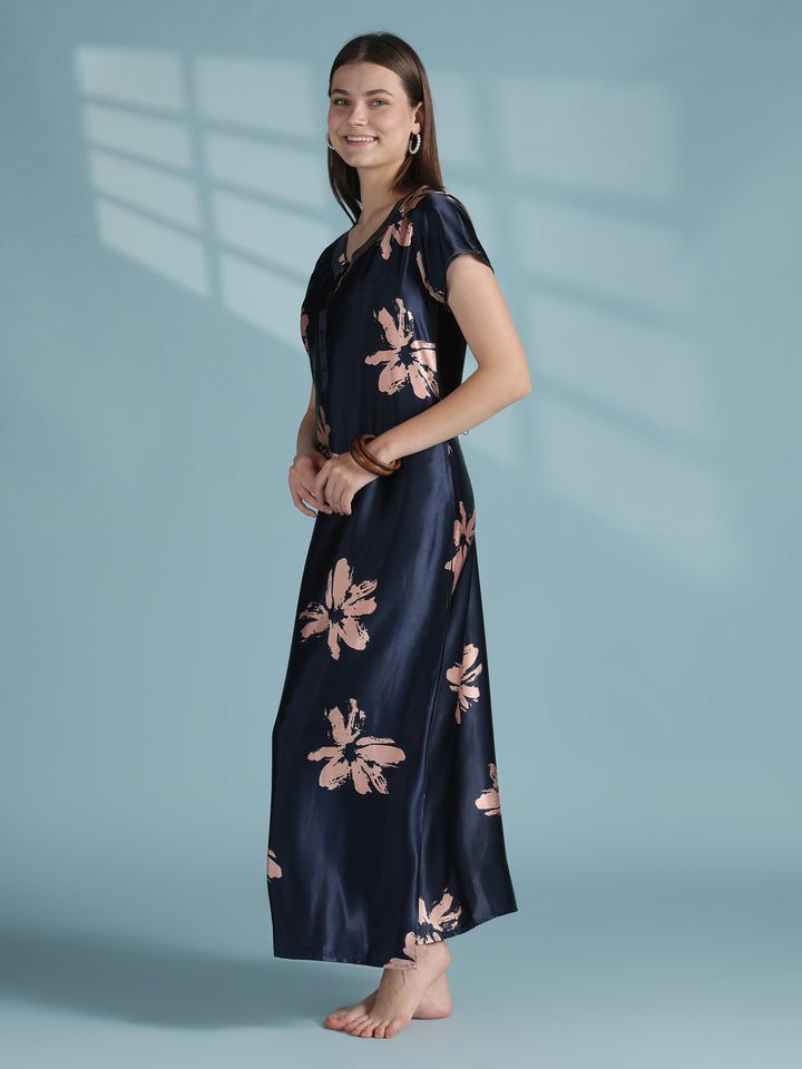 Luxury Satin Nighty for Women with Artistic Floral Print Design