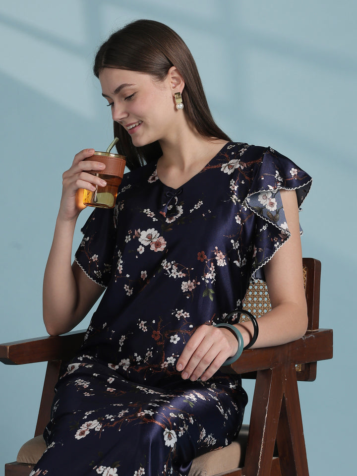 Floral Satin Nighty with Scalloped Ruffle Sleeves for Women