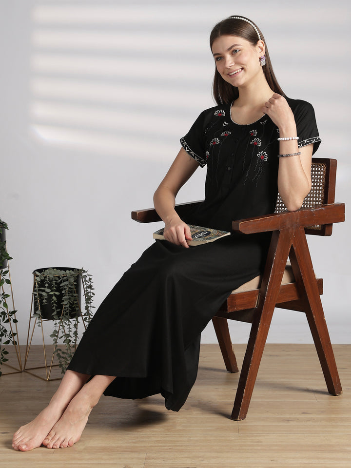 Elegant Alpine Nighty with Front Buttons and Embroidered Neck