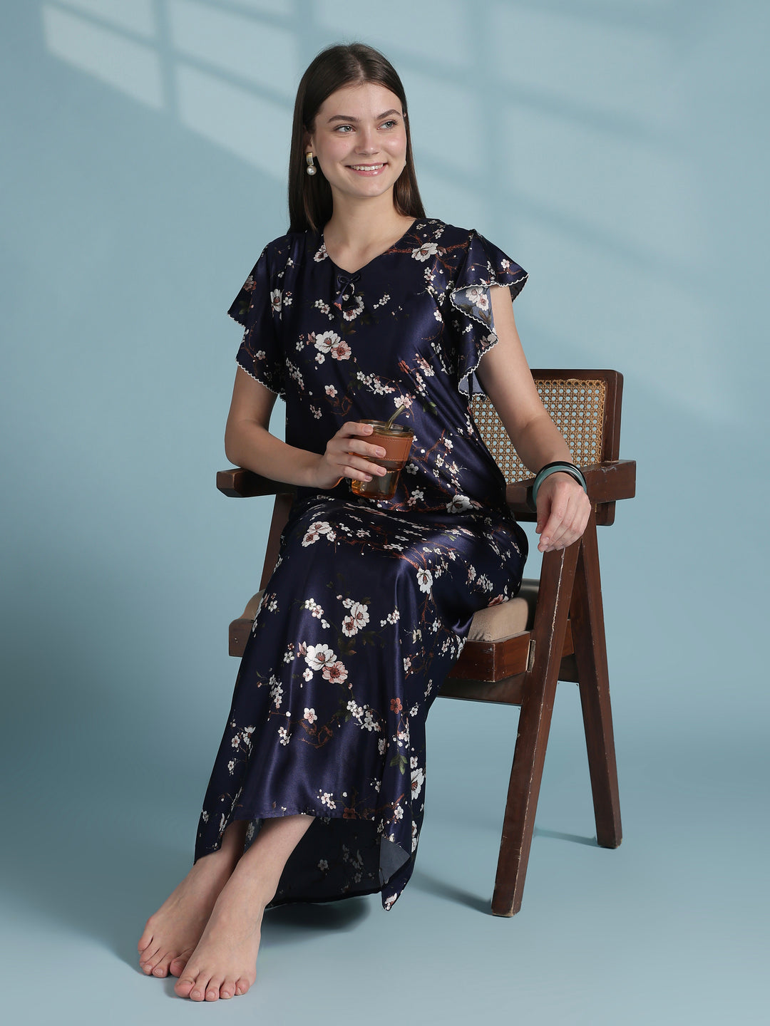 Floral Satin Nighty with Scalloped Ruffle Sleeves for Women