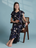 Floral Satin Nighty with Scalloped Ruffle Sleeves for Women