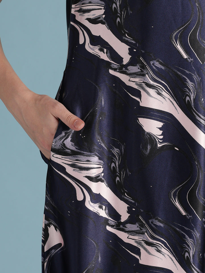 Designer Satin Nighty for Women with Swirl Print and Bow in Navy