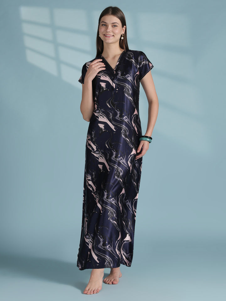 Designer Satin Nighty for Women with Swirl Print and Bow in Navy