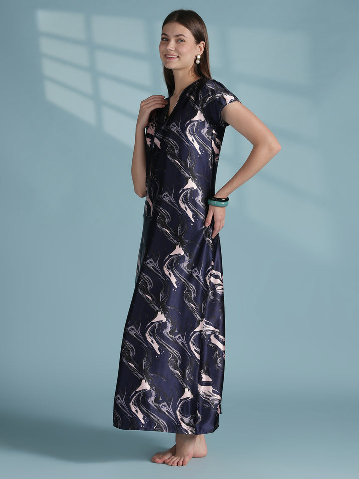Designer Satin Nighty for Women with Swirl Print and Bow in Navy