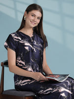 Designer Satin Nighty for Women with Swirl Print and Bow in Navy