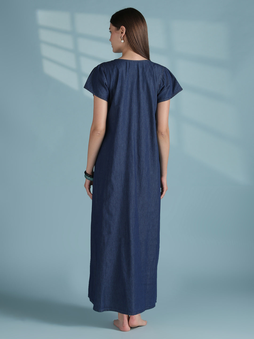 Premium Denim  Cotton Nightdress with Boho Embroidered Neckline