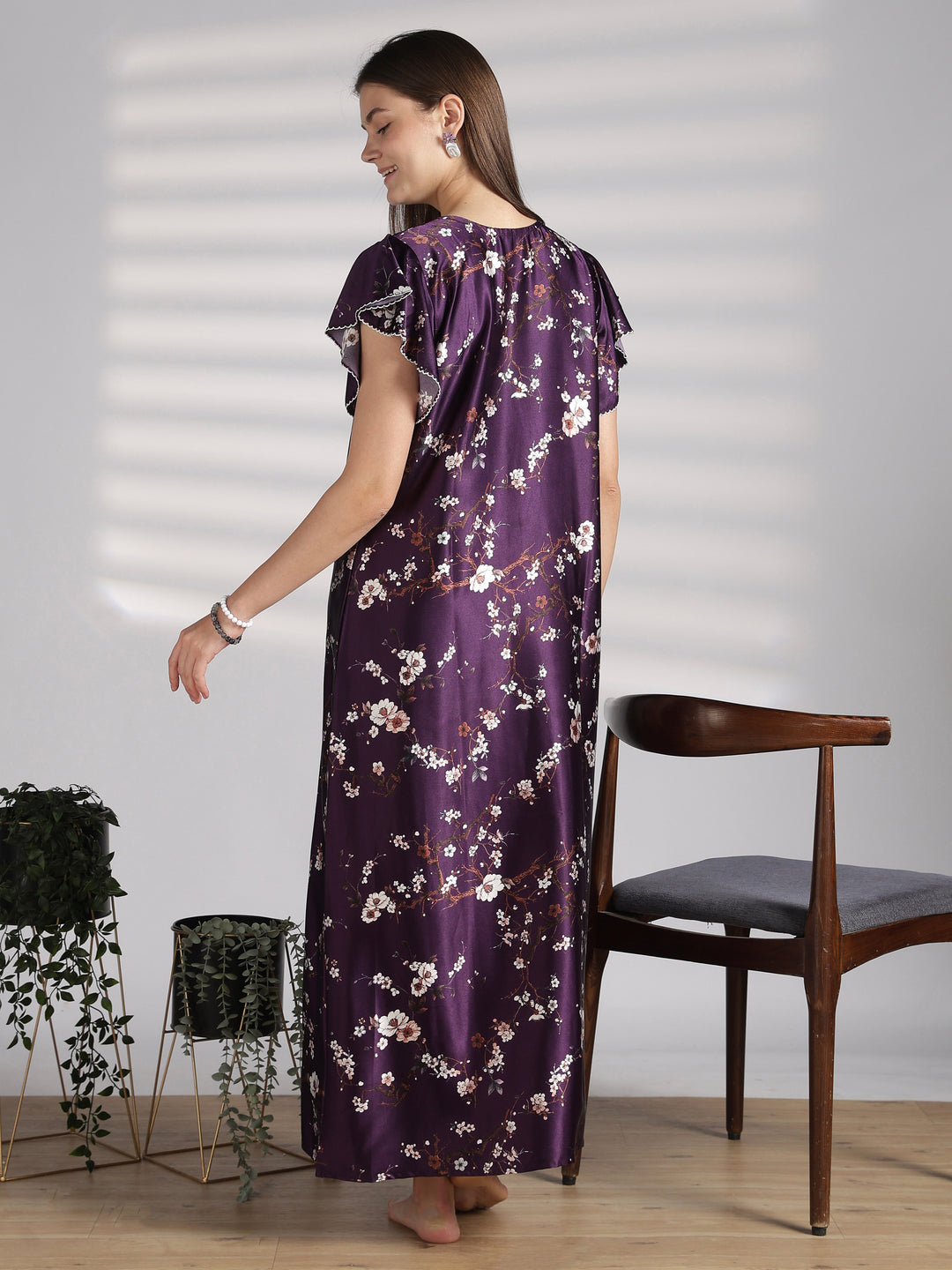 Ruffle Sleeve Satin Nighty with Floral Print and Tie Up Neck