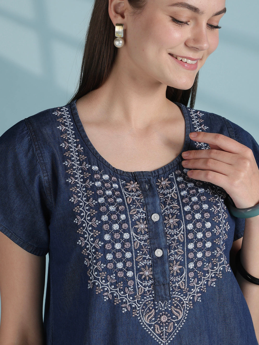 Premium Denim  Cotton Nightdress with Boho Embroidered Neckline
