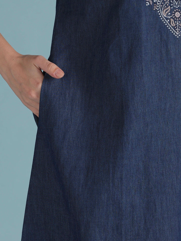 Premium Denim  Cotton Nightdress with Boho Embroidered Neckline