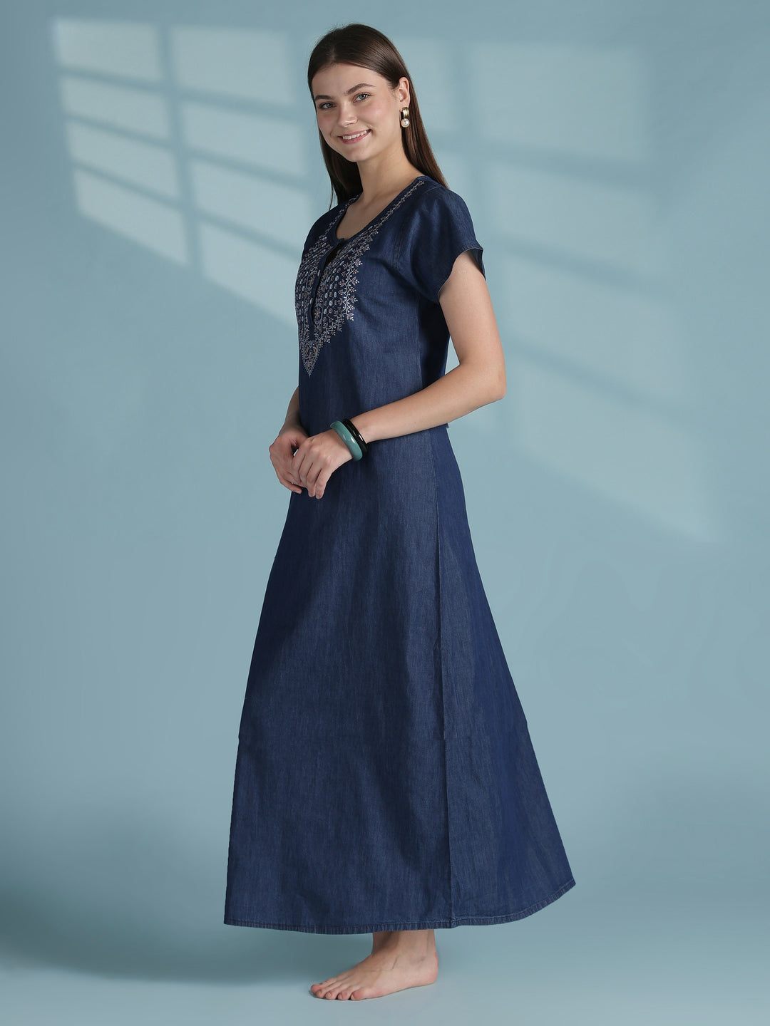Premium Denim  Cotton Nightdress with Boho Embroidered Neckline