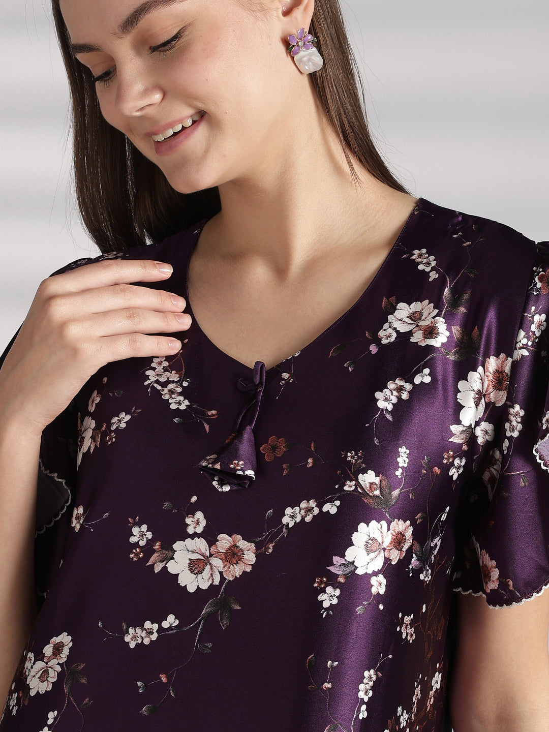 Ruffle Sleeve Satin Nighty with Floral Print and Tie Up Neck