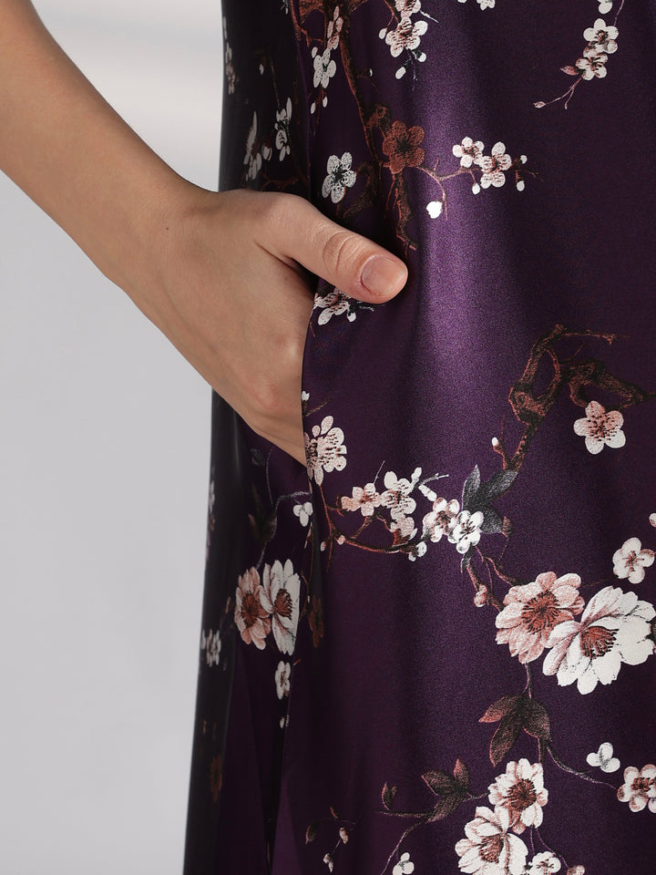 Ruffle Sleeve Satin Nighty with Floral Print and Tie Up Neck