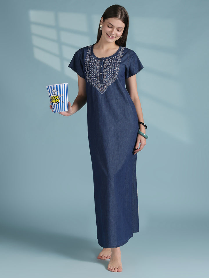 Premium Denim  Cotton Nightdress with Boho Embroidered Neckline