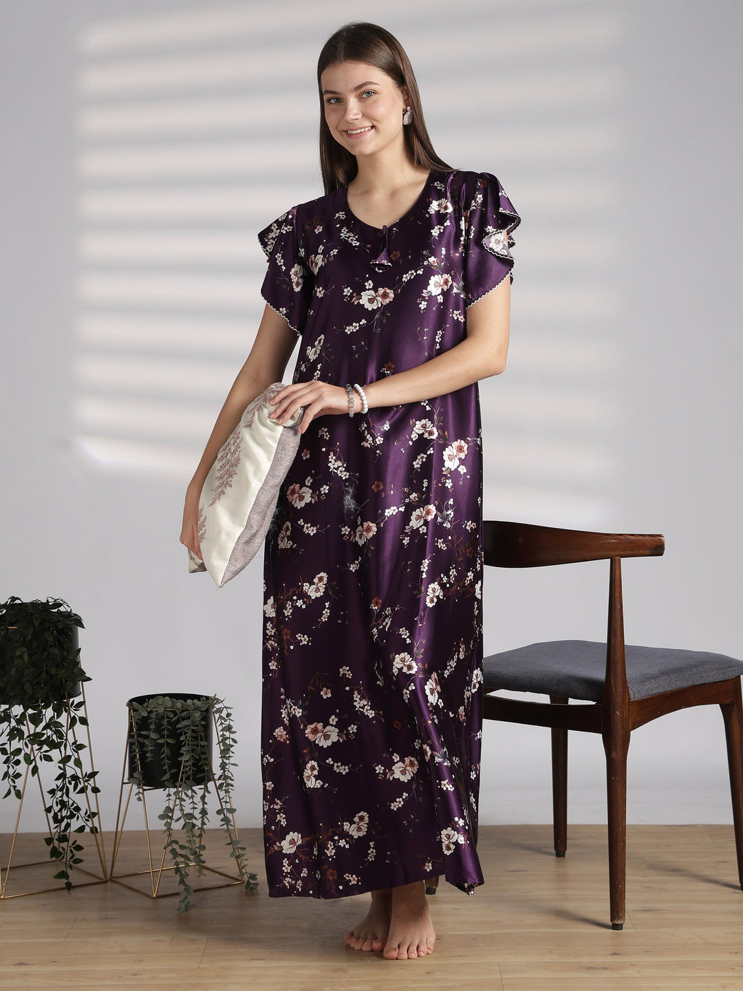 Ruffle Sleeve Satin Nighty with Floral Print and Tie Up Neck