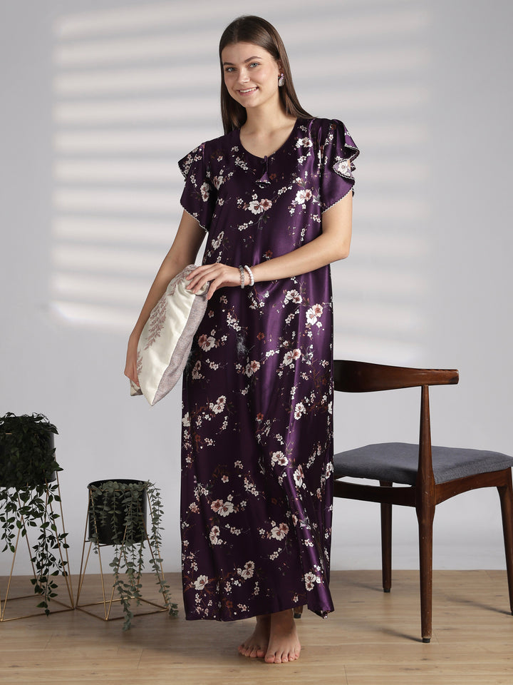 Ruffle Sleeve Satin Nighty with Floral Print and Tie Up Neck