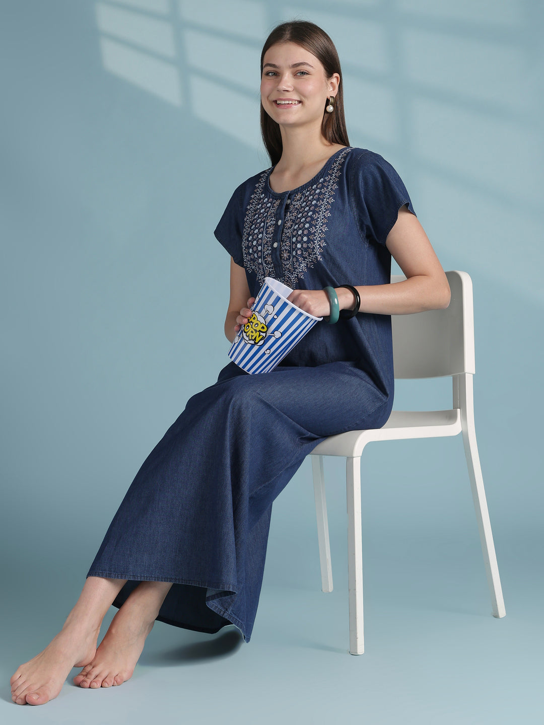 Premium Denim  Cotton Nightdress with Boho Embroidered Neckline