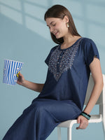 Premium Denim  Cotton Nightdress with Boho Embroidered Neckline
