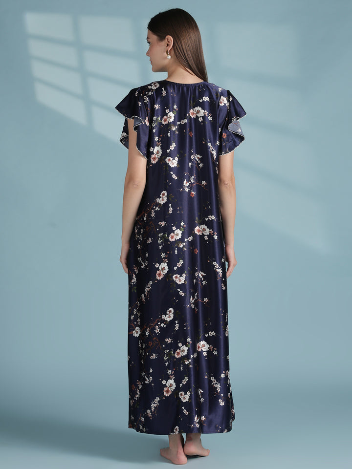 Floral Satin Nighty with Scalloped Ruffle Sleeves for Women