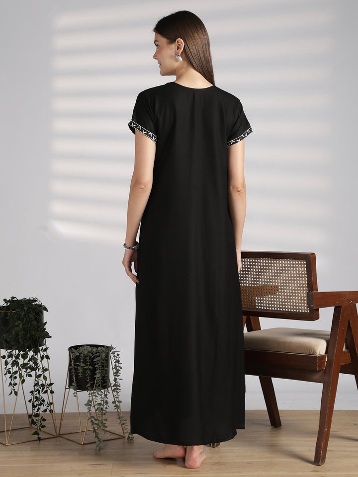 Elegant Alpine Nighty with Front Buttons and Embroidered Neck