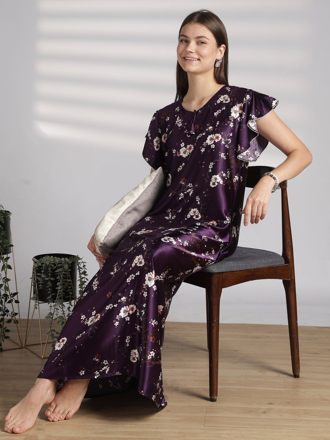 Ruffle Sleeve Satin Nighty with Floral Print and Tie Up Neck
