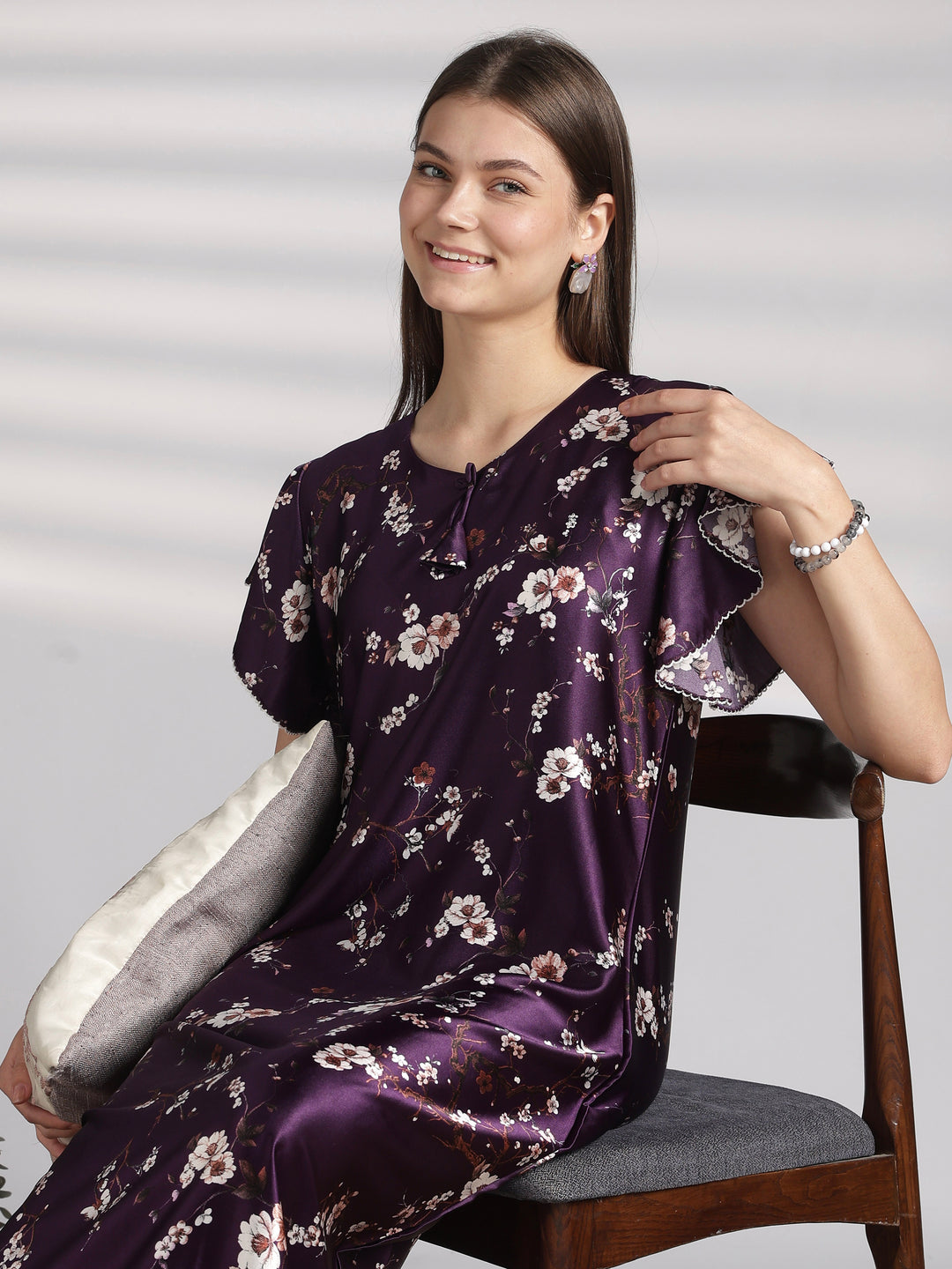 Ruffle Sleeve Satin Nighty with Floral Print and Tie Up Neck