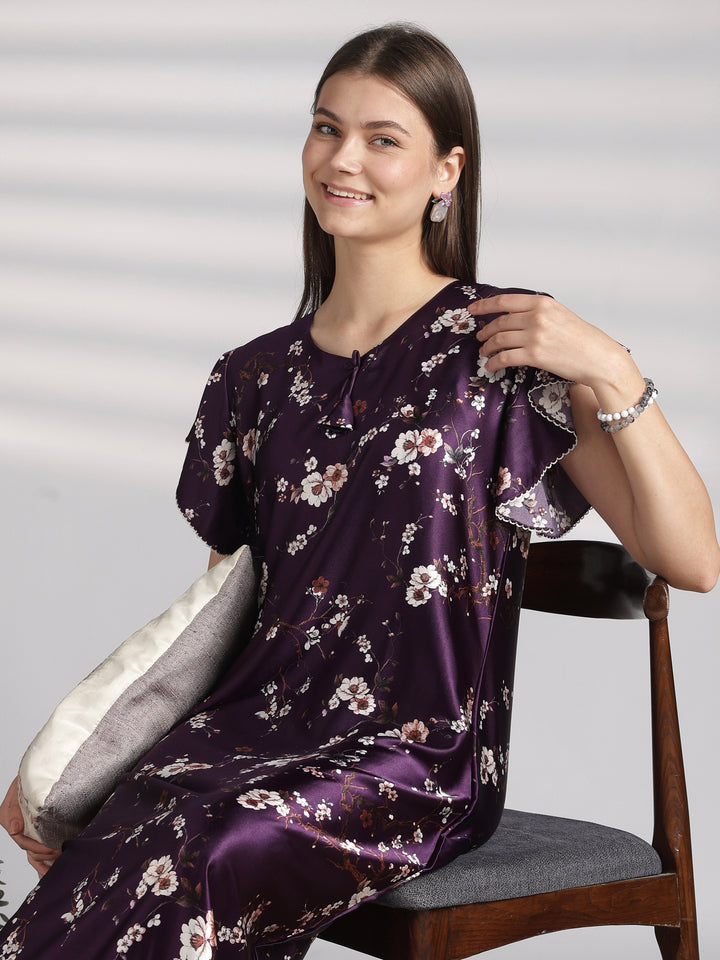 Ruffle Sleeve Satin Nighty with Floral Print and Tie Up Neck