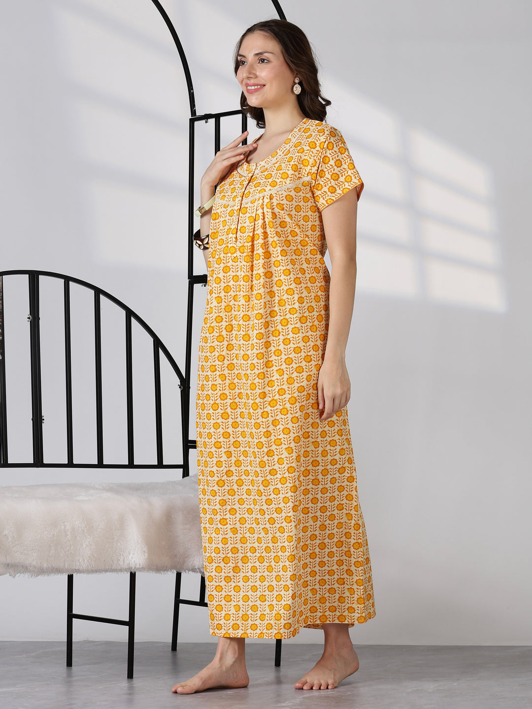 Pure Cotton Floral Printed Nighty for Women Soft Pleated Comfort