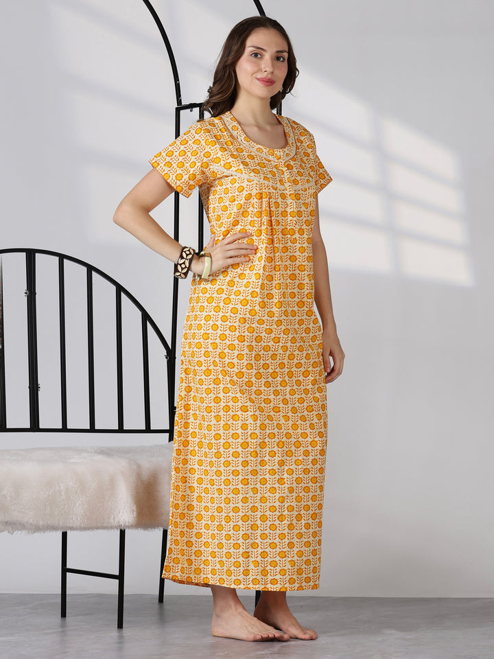 Pure Cotton Floral Printed Nighty for Women Soft Pleated Comfort