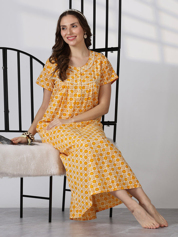 Pure Cotton Floral Printed Nighty for Women Soft Pleated Comfort