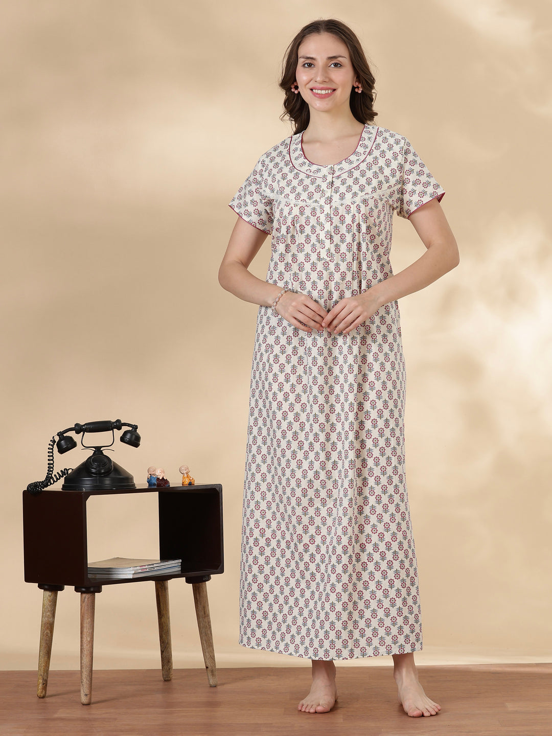 Pure Cotton Floral Printed Nighty for Women Soft Pleated Comfort