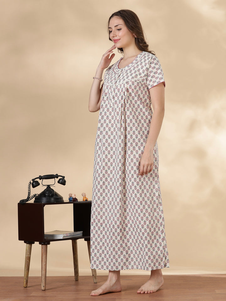 Pure Cotton Floral Printed Nighty for Women Soft Pleated Comfort