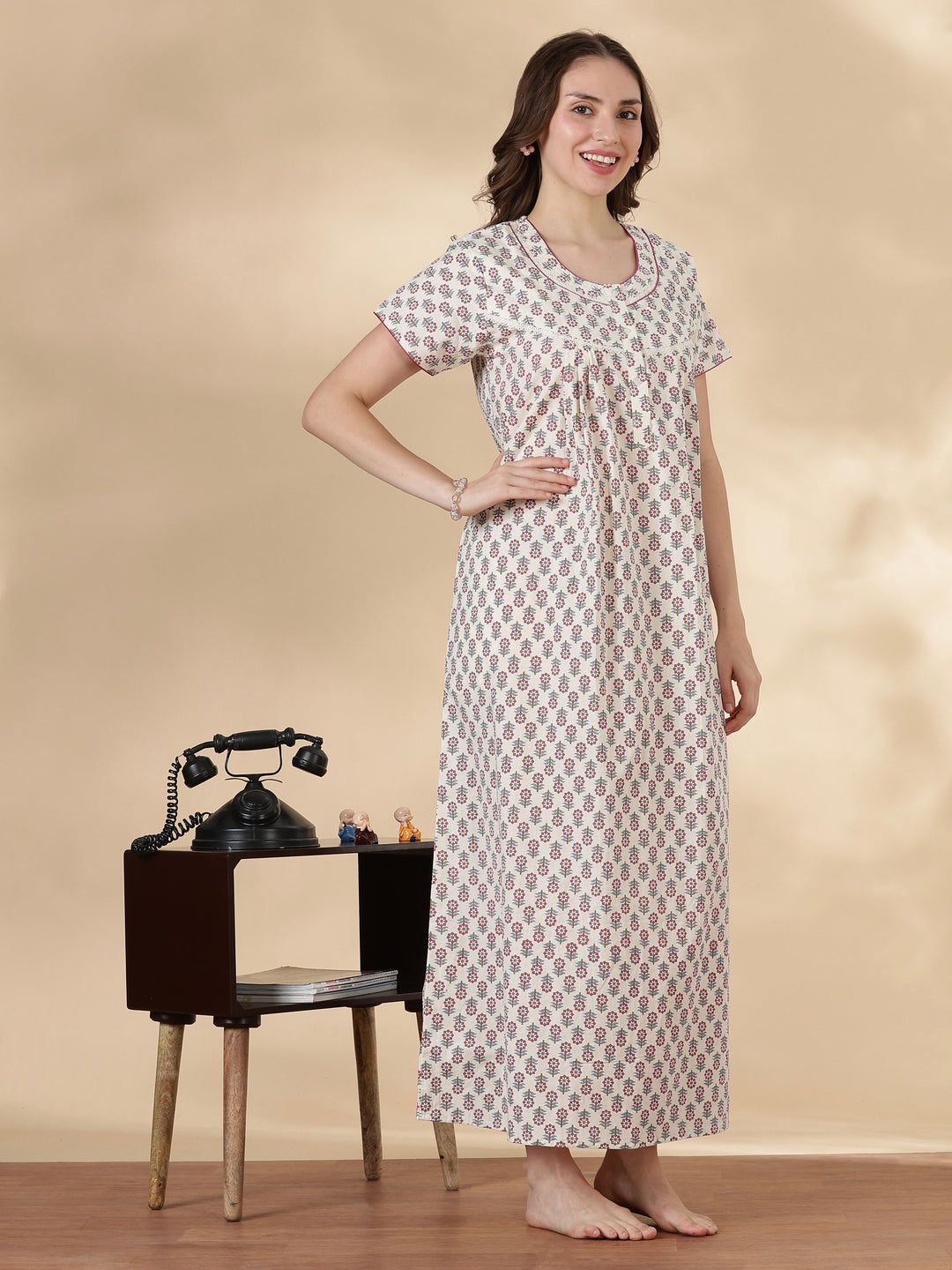 Pure Cotton Floral Printed Nighty for Women Soft Pleated Comfort