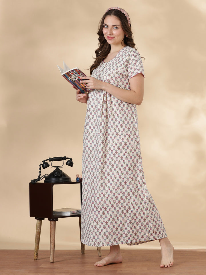 Pure Cotton Floral Printed Nighty for Women Soft Pleated Comfort